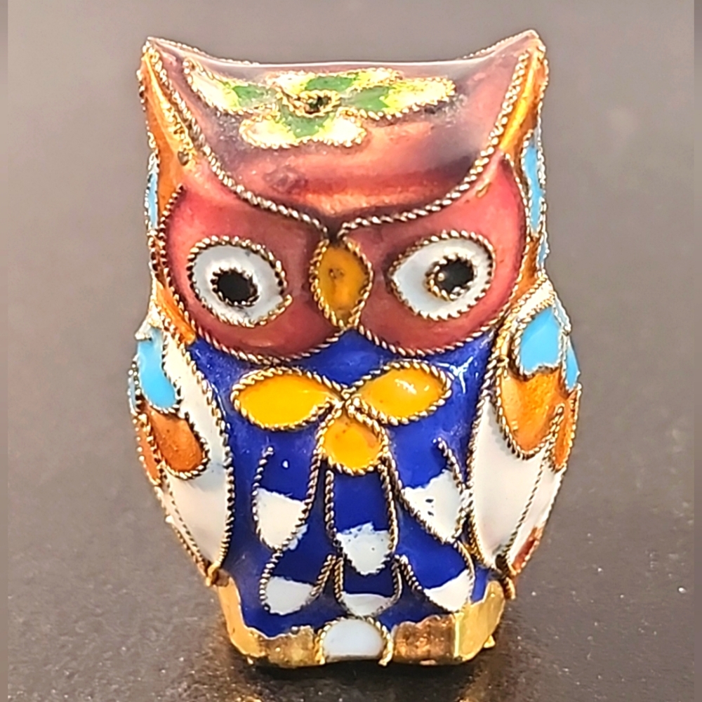 Vintage Cloisonné Owl Figurine Enamel Brass Décor Miniature 1 3/4" Double Sided